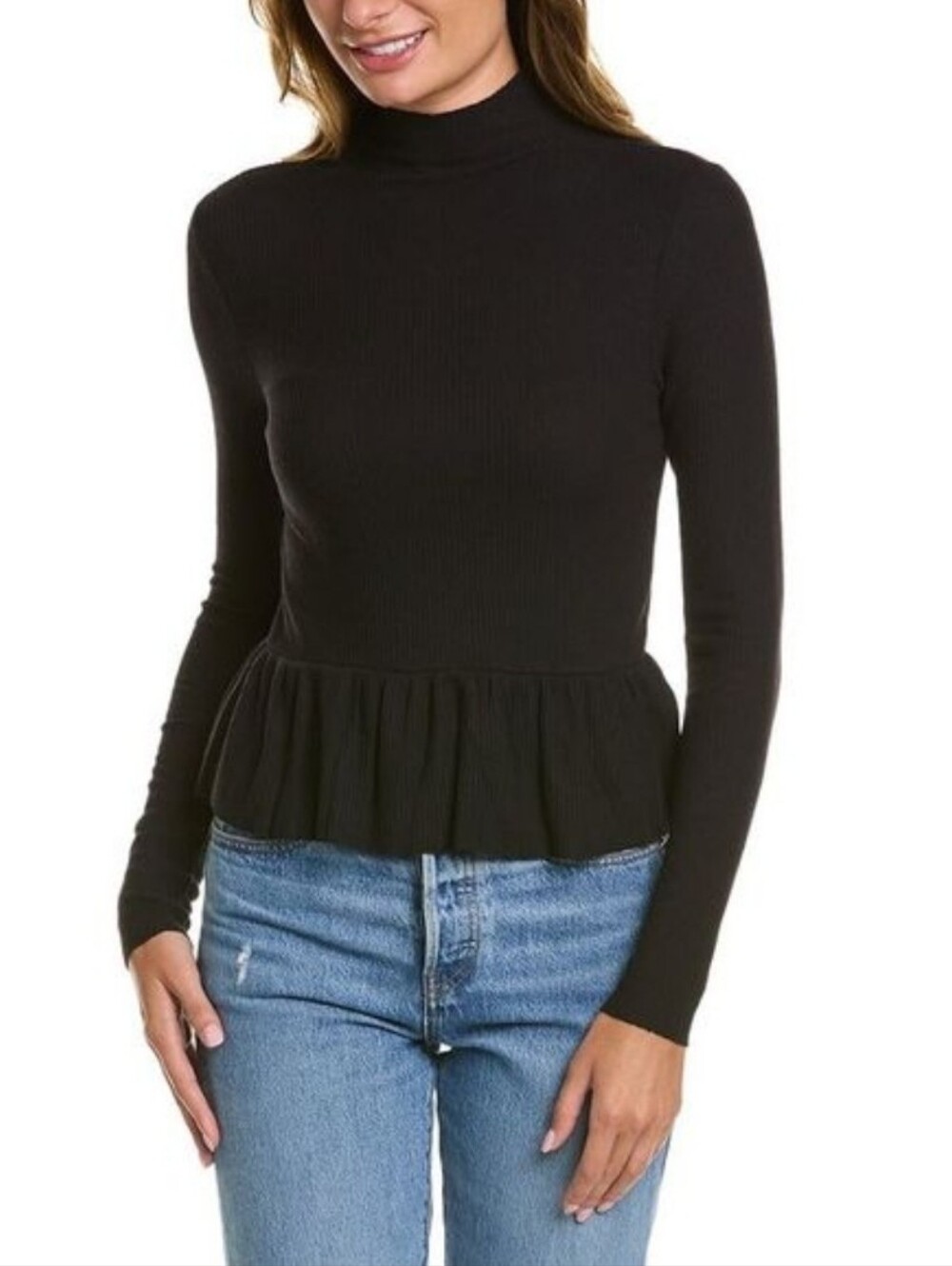 Nation LTD Raya Black Ribbed Peplum Mock Neck Top Size Large